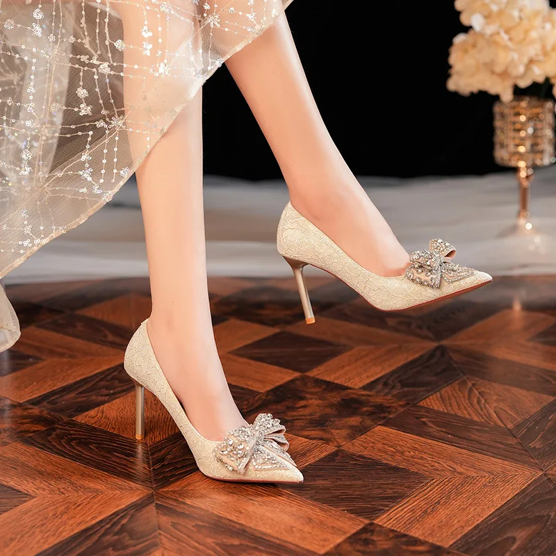 Pointed Stiletto Bow Satin High Heels Festive Red High Heels Wedding Shoes Bridesmaid Shoes