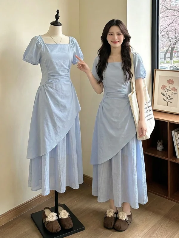 

Stunning Light Blue Square Collar Dress Shoulder Length A-Line Silhouette Korean Style Summer New plus Size Women Beautifully...