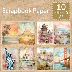 10 Sheets A5 Size Travel Around The Tourist Scenery Background Vintage Grunge Journal Planning Scrapbooking
