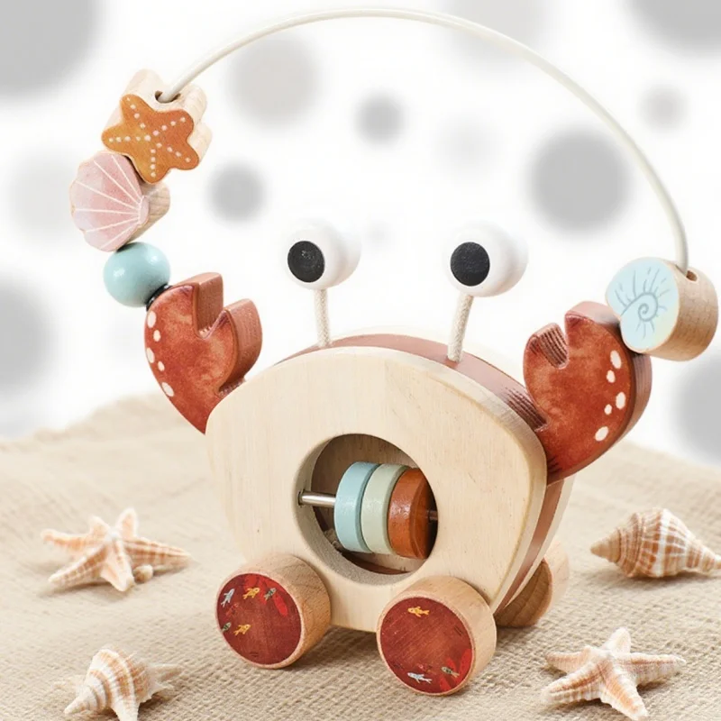 

Детская деревянная тяговая машина для ползания, детская игрушка с откатом, раздвижной палец, мелкая моторика, игра Монтессори, подарок для прогулок для малышей