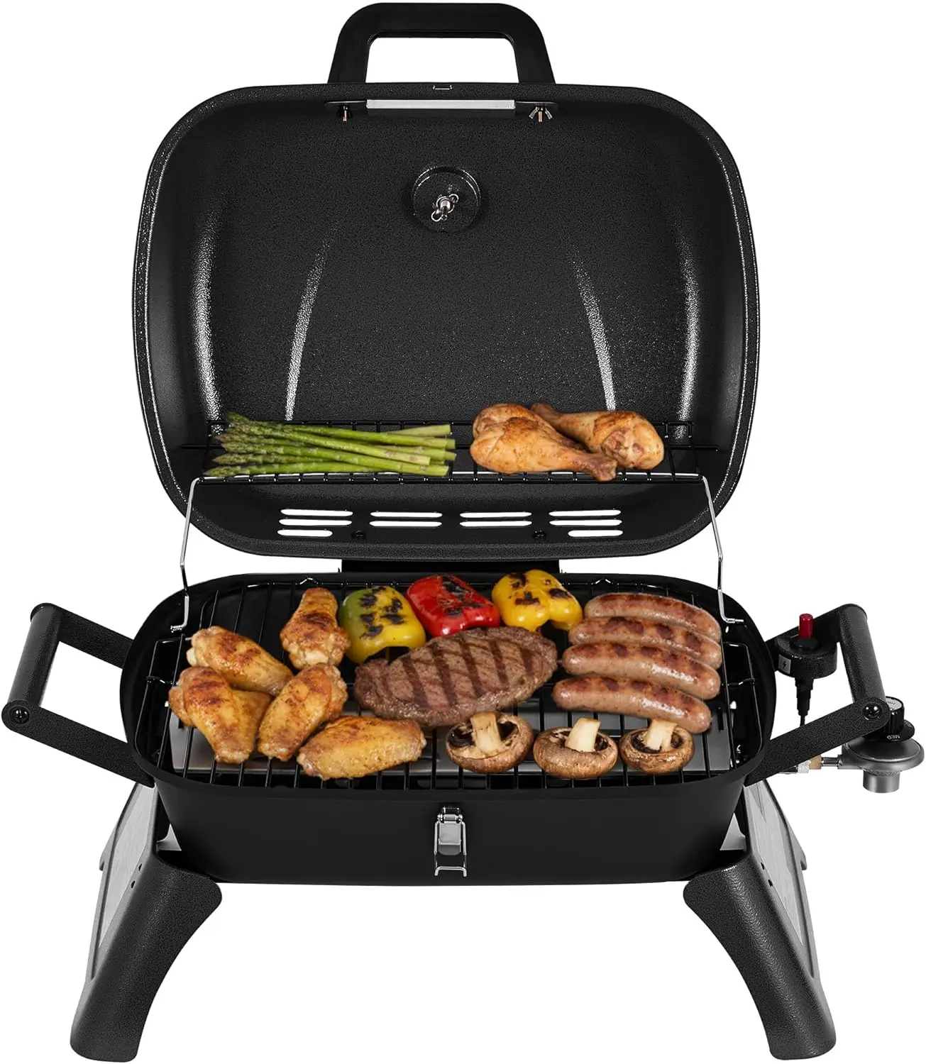 

Portable Tabletop Gas Grill, 12,000 BTU Output for Outdoor Camping, Foldable Legs, Piezo Ignition, Built-in Thermometer, Perfect for Tailgates and Camping Trips, Dark Gray