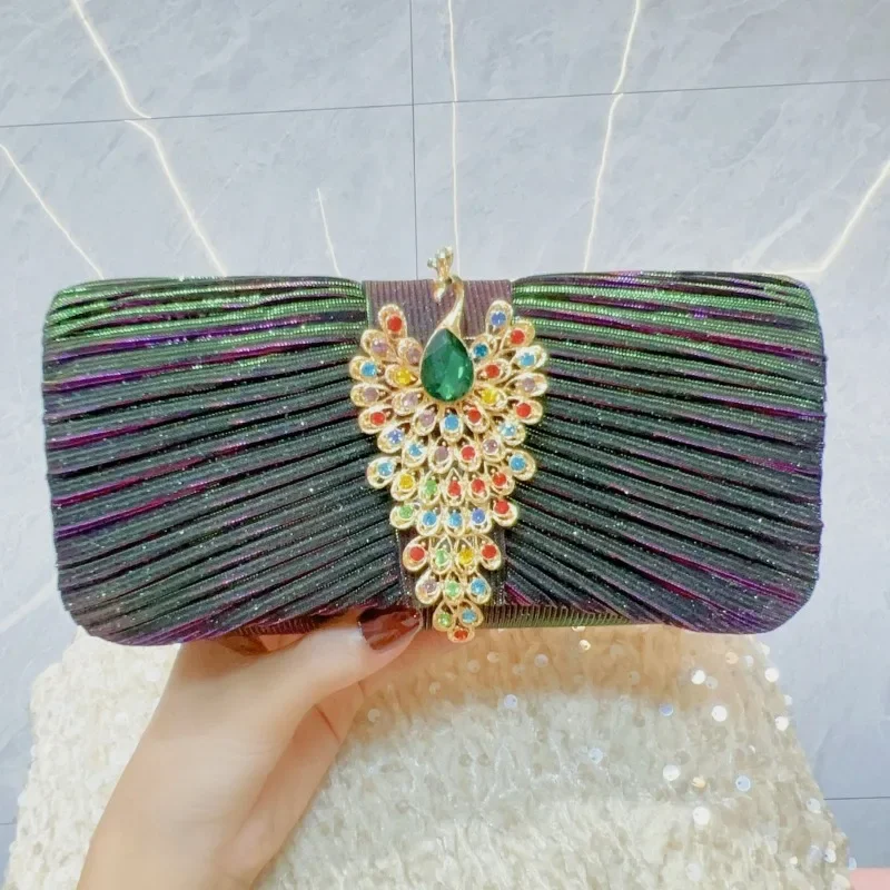 Ladies's Elegant Pleated Evening Bags Luxury Cocktail Party Clutch Bags Peacock Diamonds Wedding Purse Silver Handbags Femme Sac