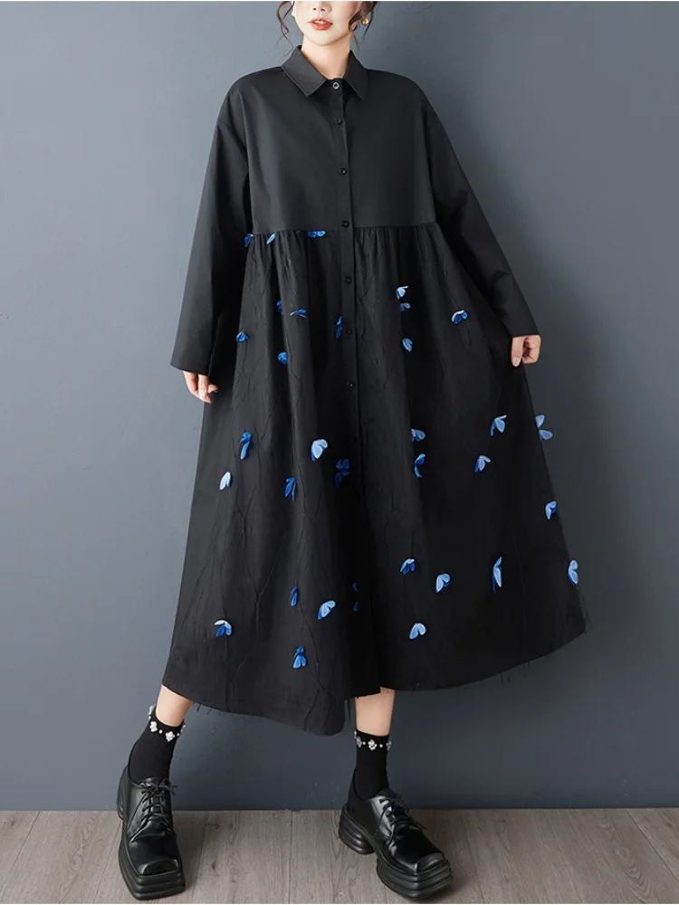 SMTHMA جديد ربيع الخريف فضفاض ثلاثي الأبعاد فراشة شبكة الربط فستان كاجوال المرأة الحلو كم طويل فستان قميص #4