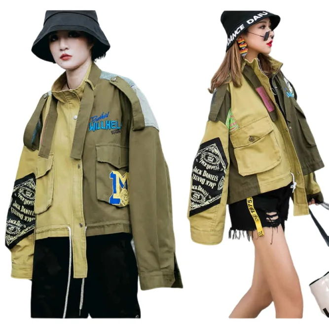 

﻿ Female Streetwear Letter Embroidered Varsity Jacket Female Patchwork Color Blocked Jacket Large Pocket Hip-hop Short Jacket