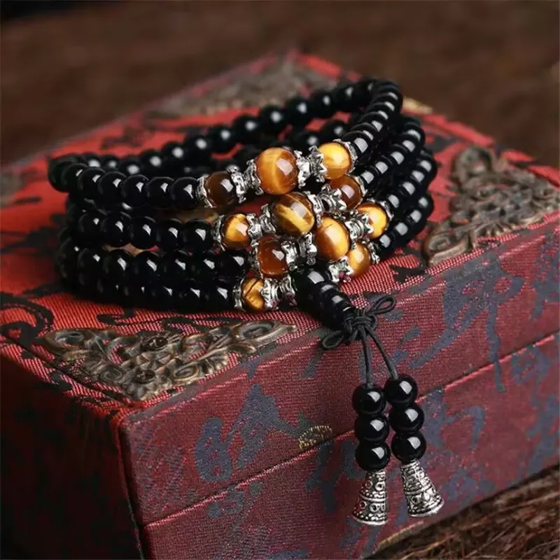 Obsidian Bracelet With 108 Buddhist Prayer Beads, Multi-Strand Design, Featuring Six-Syllable Mantra And Tiger'S Eye Stone
