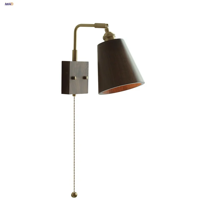 

IWHD Loft Wood LED Wall Light Fixture Coffee Living Room Vintage Walnut Pull Chain Switch Rotatable Bedside Lamp Applique Murale