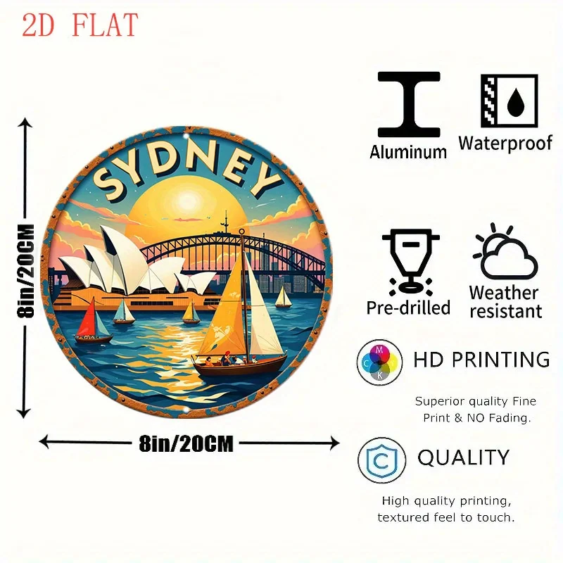 2D Flat - 8-Inch Round Aluminum Wall Sign Featuring Sydney'S Skyline, Sailboats, And The Harbour Bridge | 1pc, Perfect for Holid