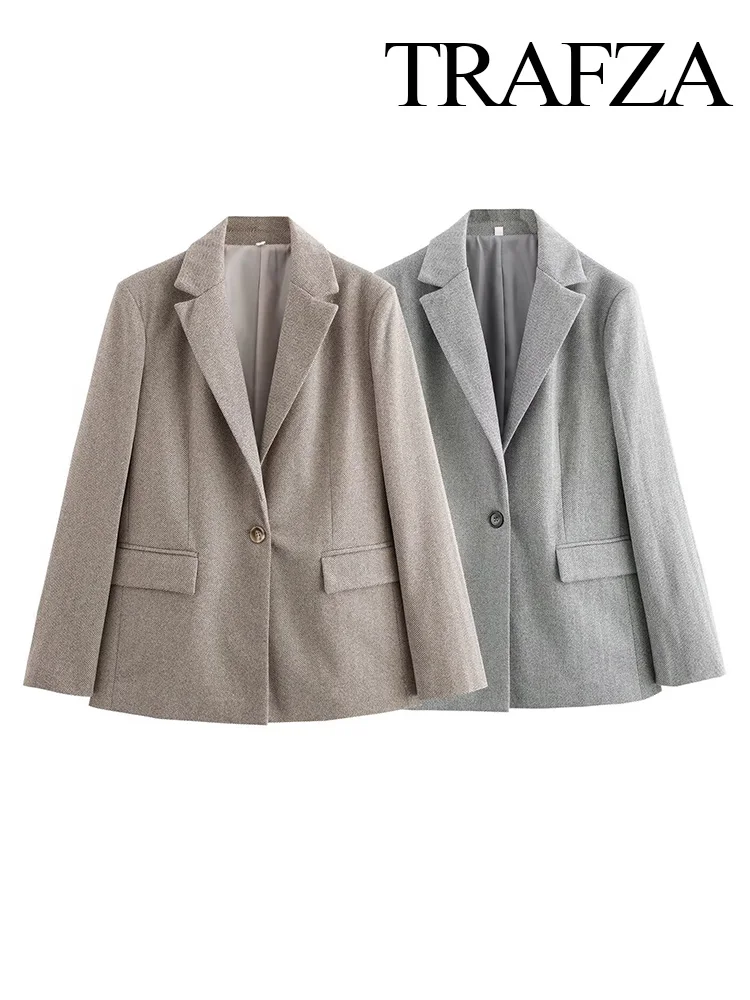 TRAFZA Women Elegant Herringbone Twill Blazer Lapel Pocket Decorate Female Autumn Long Sleeve Coat Street 2-color Jacket Mujer