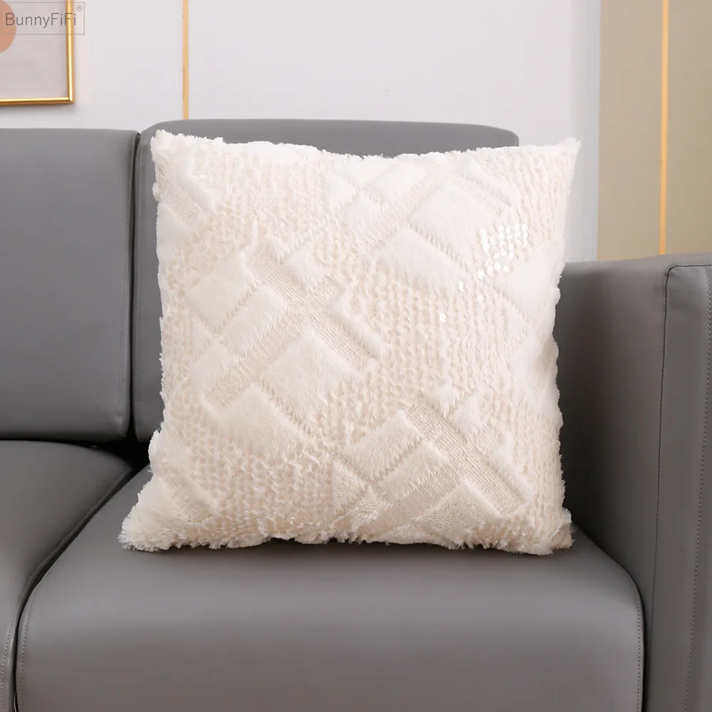 Fluffy Sequin Cushion Cover Grey Ivory Special Pattern Pillow Cover For Home Decoration Living Room Sofa 30x50cm 45x45cm