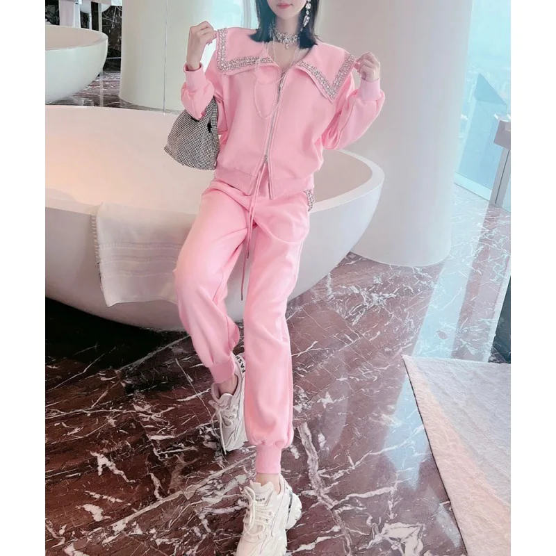 Exquisite Rhinestone Large Lapel Zipper White Hoodie Women Cardigan 2023 Spring New High Waist Casual Pants Sports Two-Piece Set