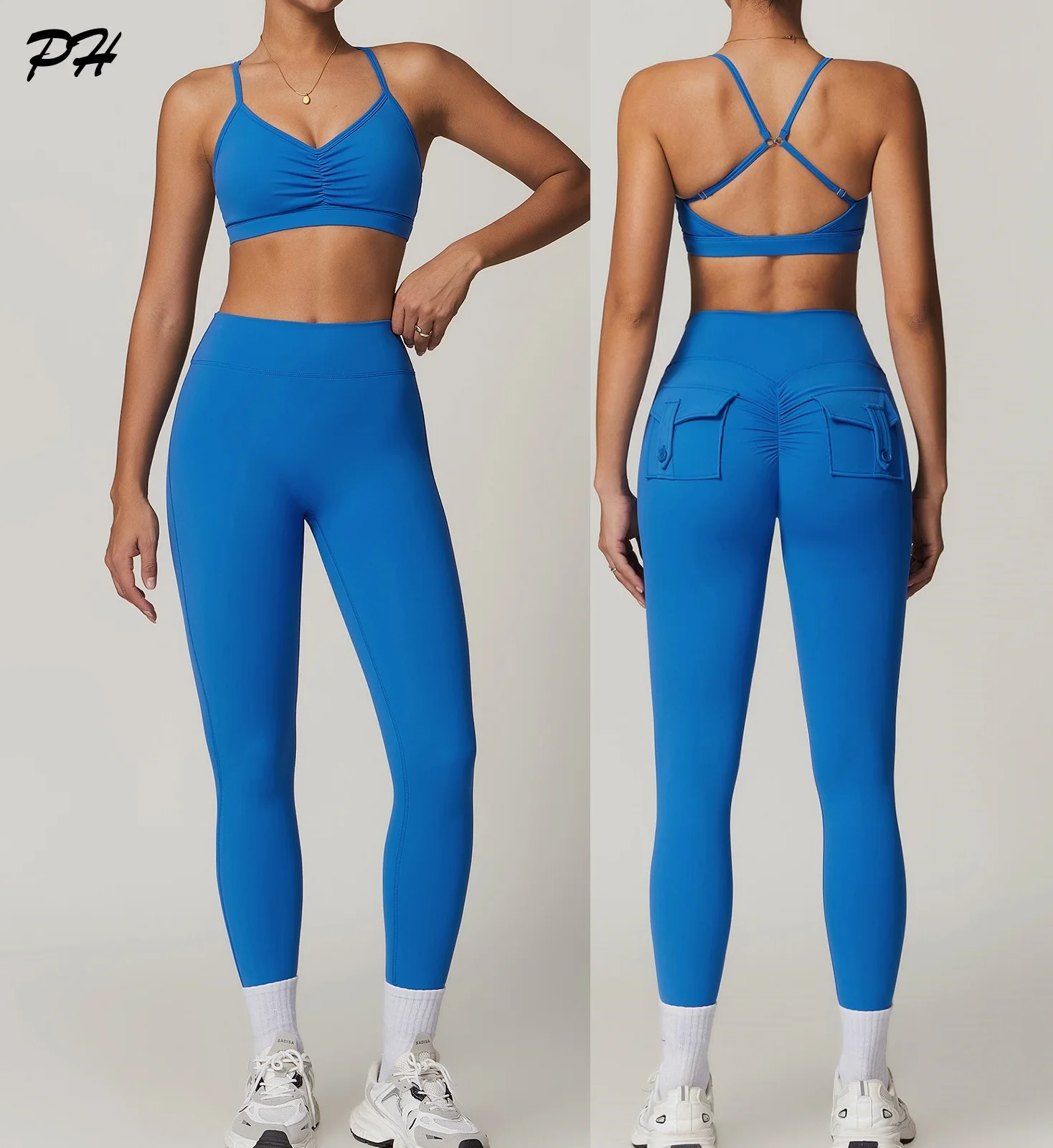 Women Gym Sportswear Set Naked Cross Back Yoga Suit High Waist Pocket Leggings Sports Bras Set Comfort Workout Fitness Tracksuit