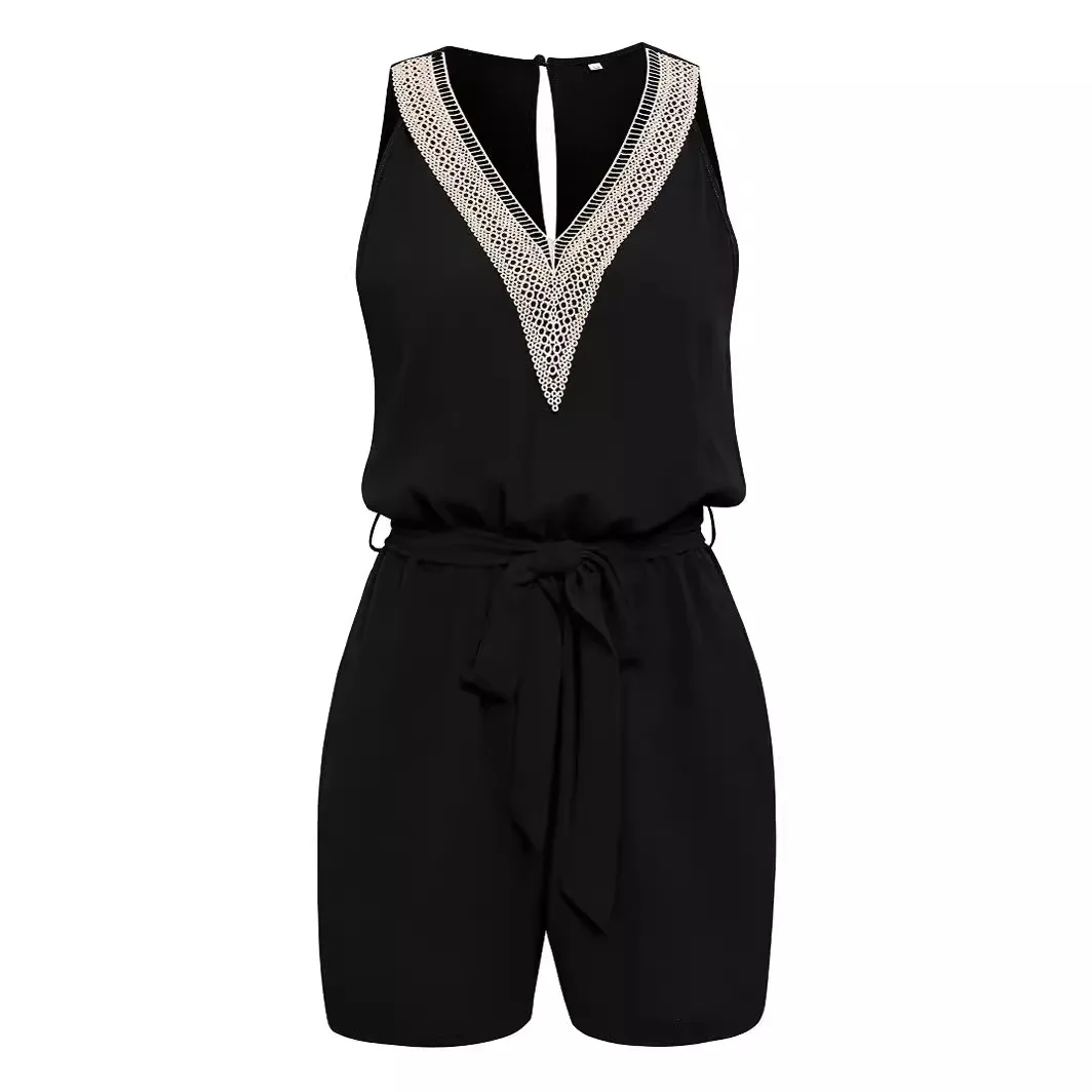 

2024 European and American Spring/Summer New Wish Women's Casual Lace V-neck Solid Color Sleeveless jumpsuit