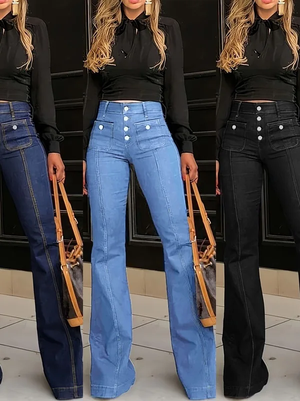 

High Waist Bell Bot Jeans Women's Slimming Button up Jeans Ele Long Pants Spring 2026 New Arrival Deep Blue Denim