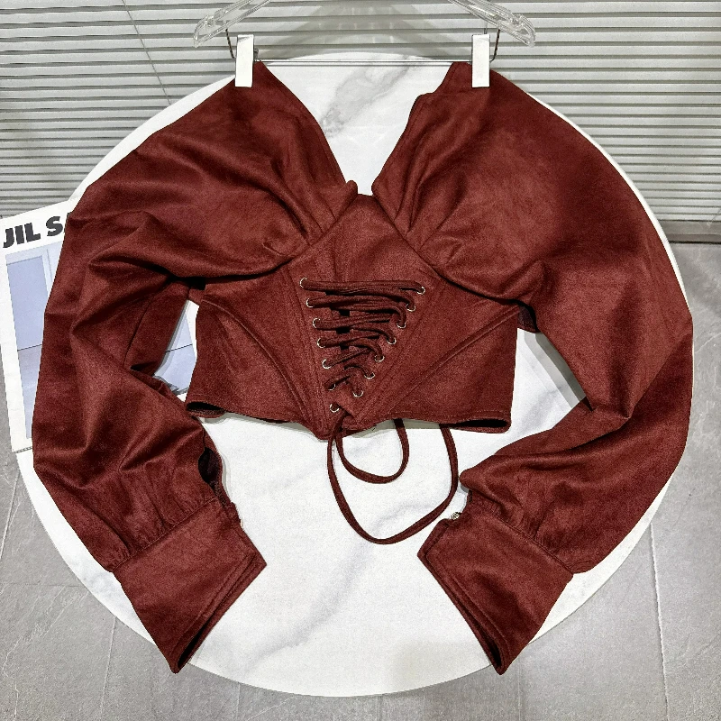 Retro Hot Girl Velvet Women's Long Sleeve T-Shirts Top 2026 New Sweet Cool V-Neck Strap Waist-cinching Versatile T-Shirt Ladies