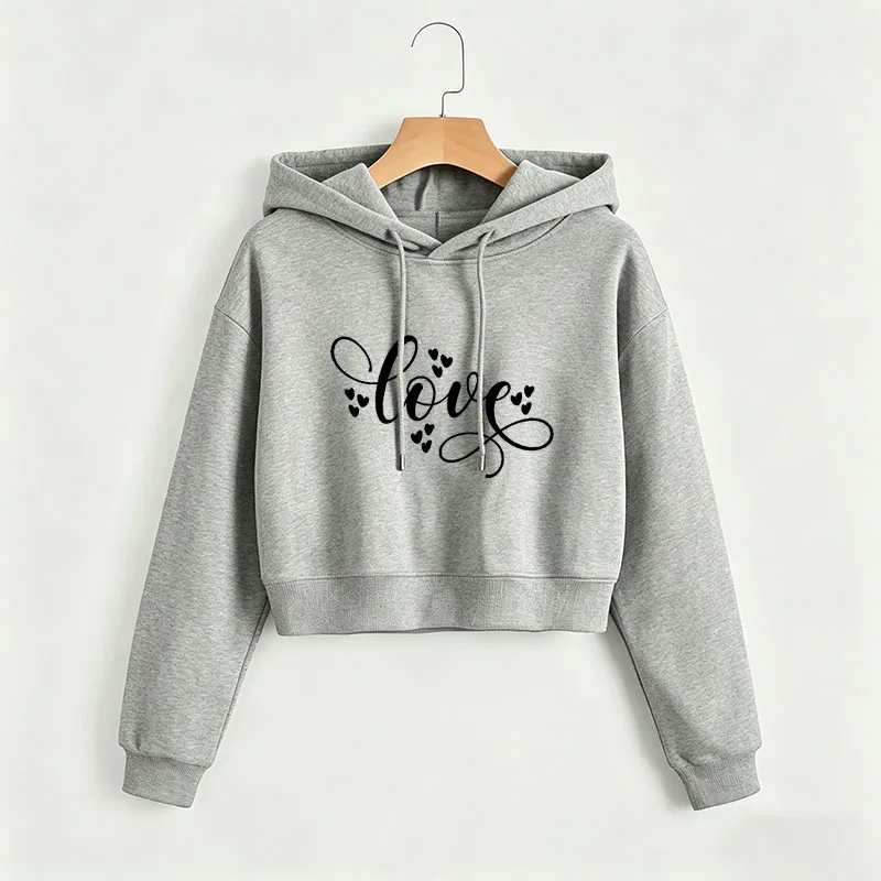 

Love Heart Print Autumn Winter Cropped Sweatshirt Crop Top Hoodie Y2k Sweatshirts Gothic Casual Style Clothes
