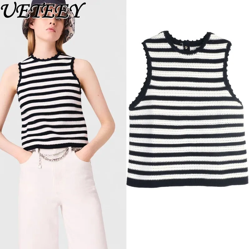 

French Style Outerwear Short Vest Striped Slim Fit Elegant Summer New Hollow Out Sleeveless Base Knitted Tank Top for Women