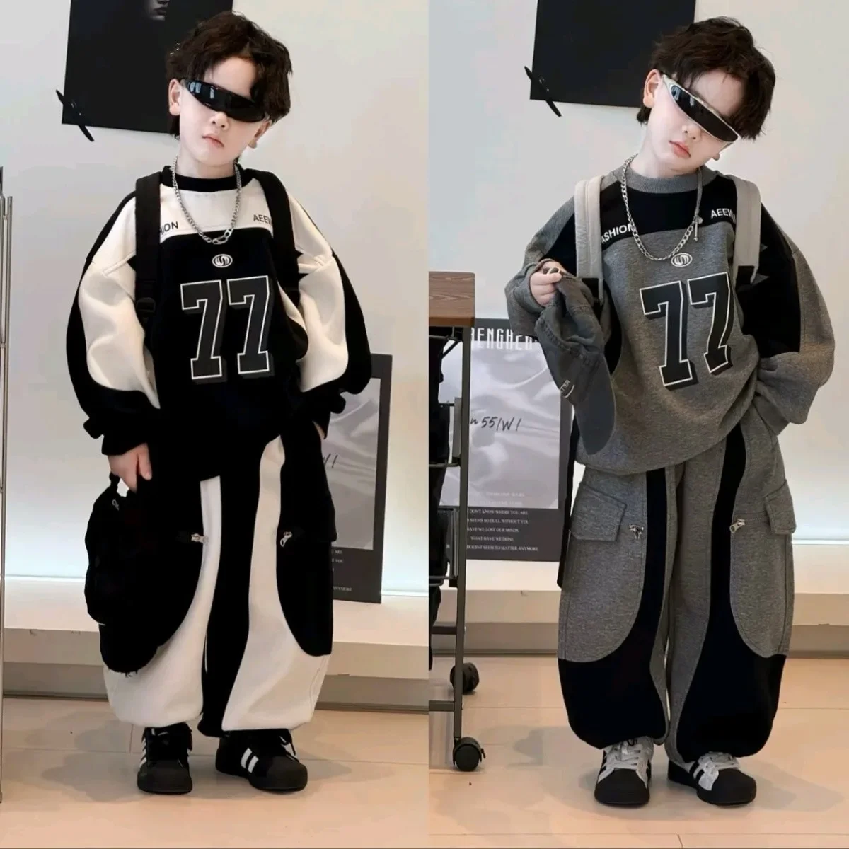 

Boys' Set Spring and Autumn 2026 New Style Children's Korean Version Letter Printed Color Blocked Hoodie Pants Two-piece Set