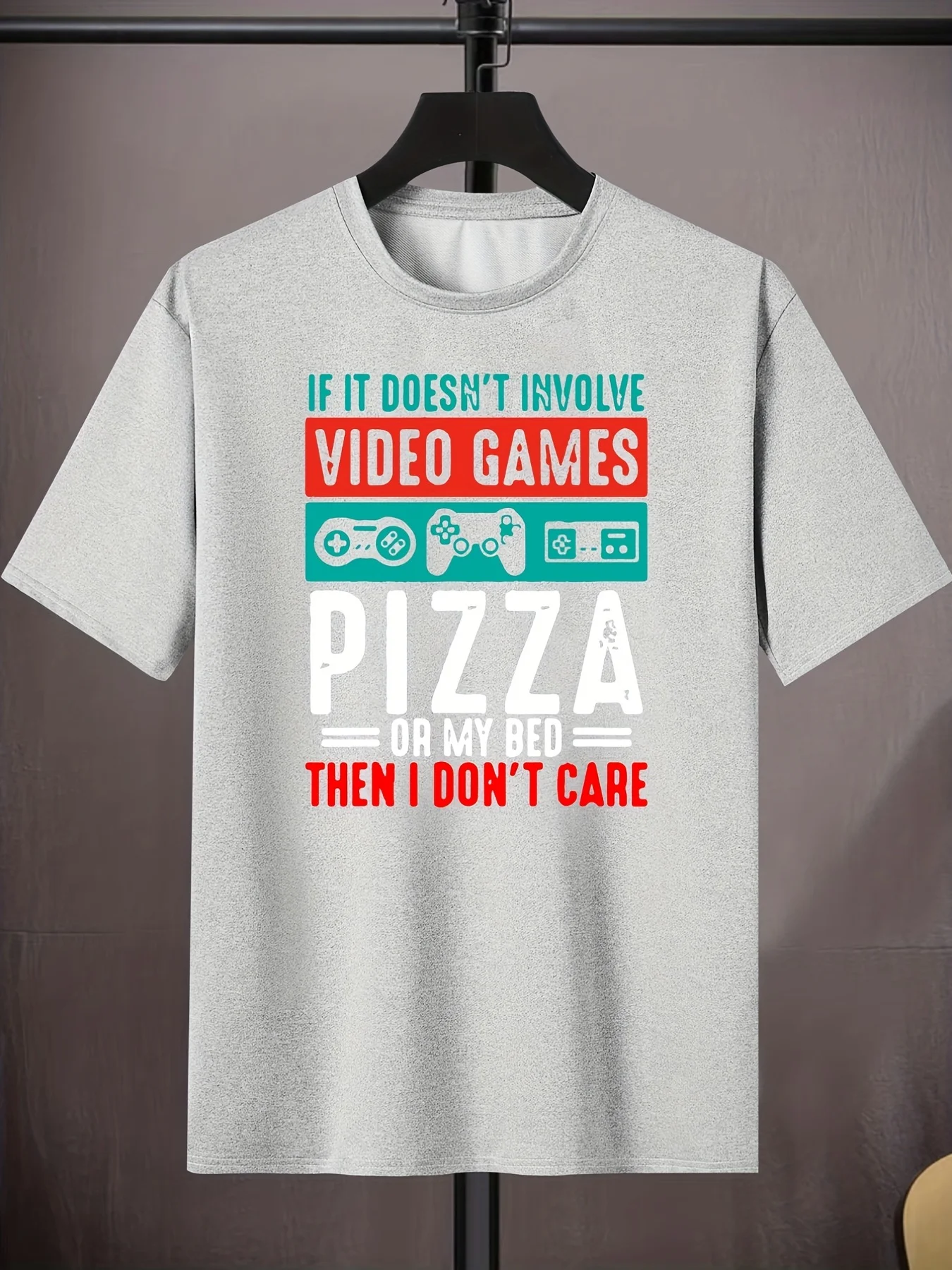 PIZZA And Video Games Graphic Print Creative Top, Casual Mid Stretch Short Sleeve Crew Neck T-shirt, Men's Tee For Summer Outdoo