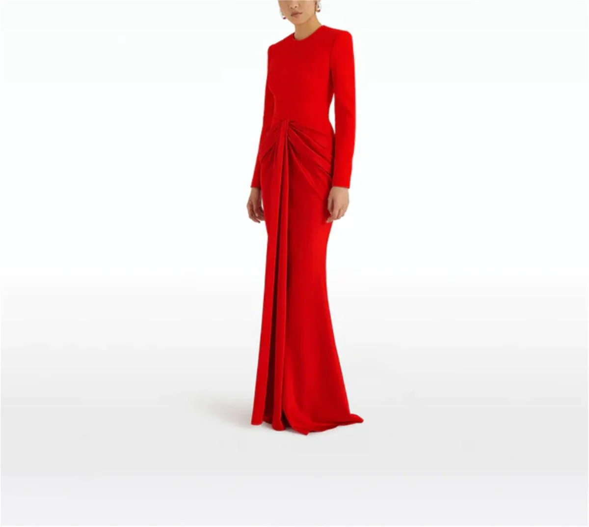 Classic Red A-Line Evening Dress Elegant Long Sleeve Round Neck Pleated Formal Occasion Formal Occasion To Floor فساتين السهرة