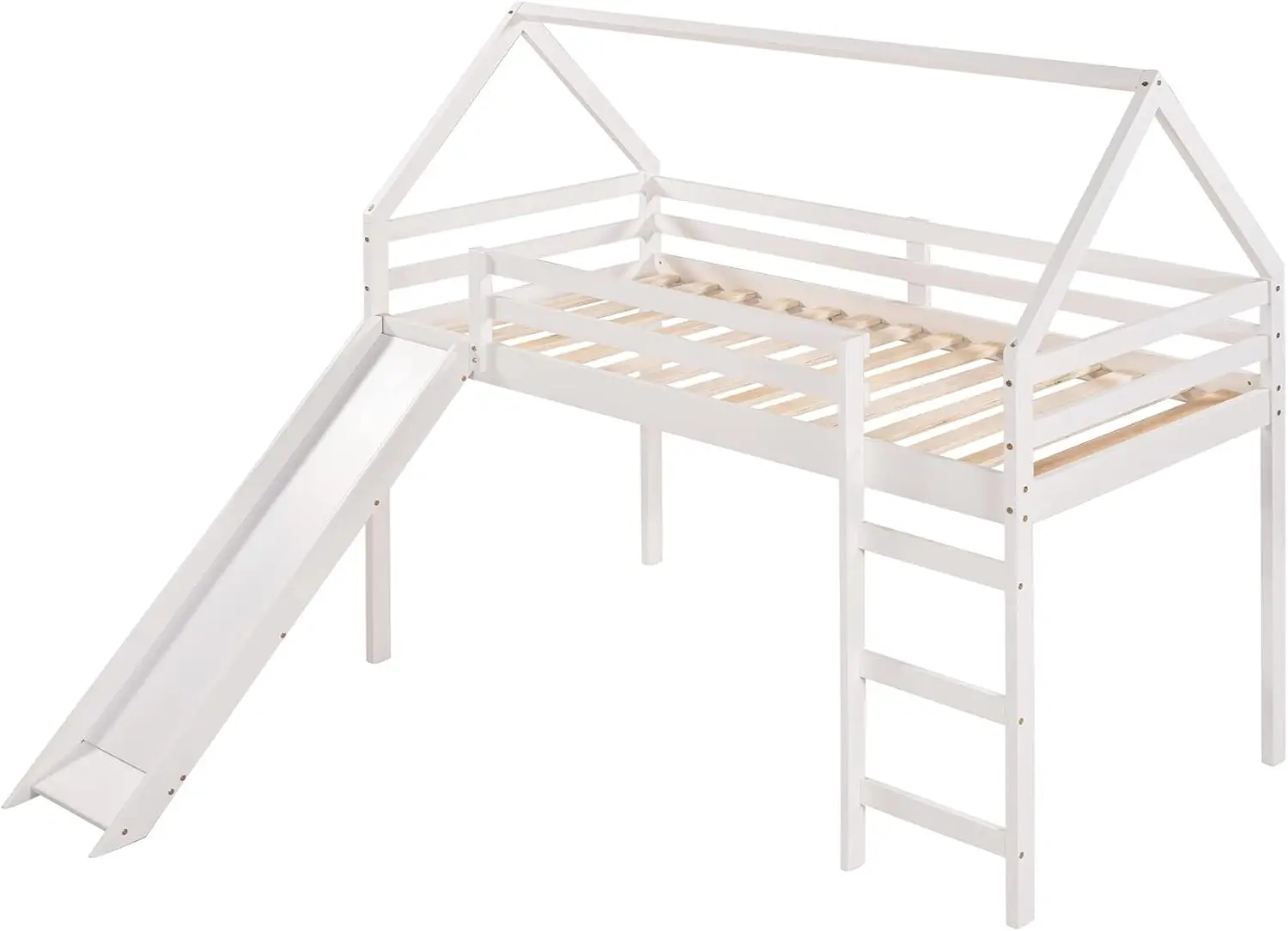 Lostcat Twin Loft Bed With Slide, House Loft Bed With Slide, Rama łóżka dziecięcego z litego drewna sosnowego z poręczą bezpieczeństwa i drabiną, bez pudełka