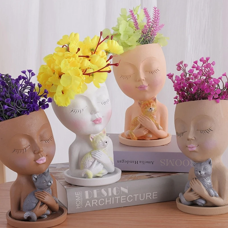 Cat Girl Gypsum Flower Pot Silicone Resin Mold Epoxy Resin Casting Mold Succulent Vase Cement Mold Holder Mold Dropship
