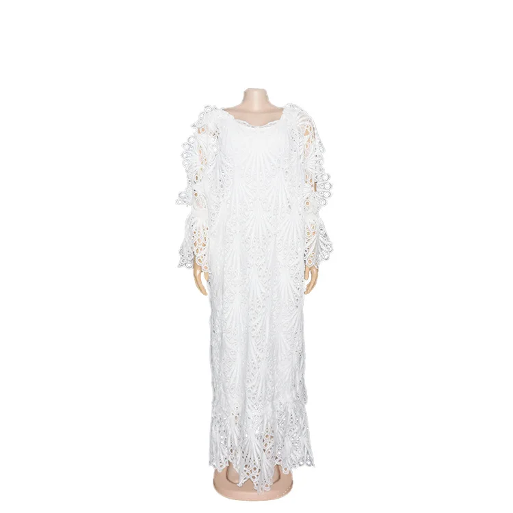 Witte Kanten Tweedelige Jurk Voor Vrouwen Lange Flare Mouw Sexy Dames Holle Oversized Vestidos Afrikaanse Mode Maxi Feestjurken