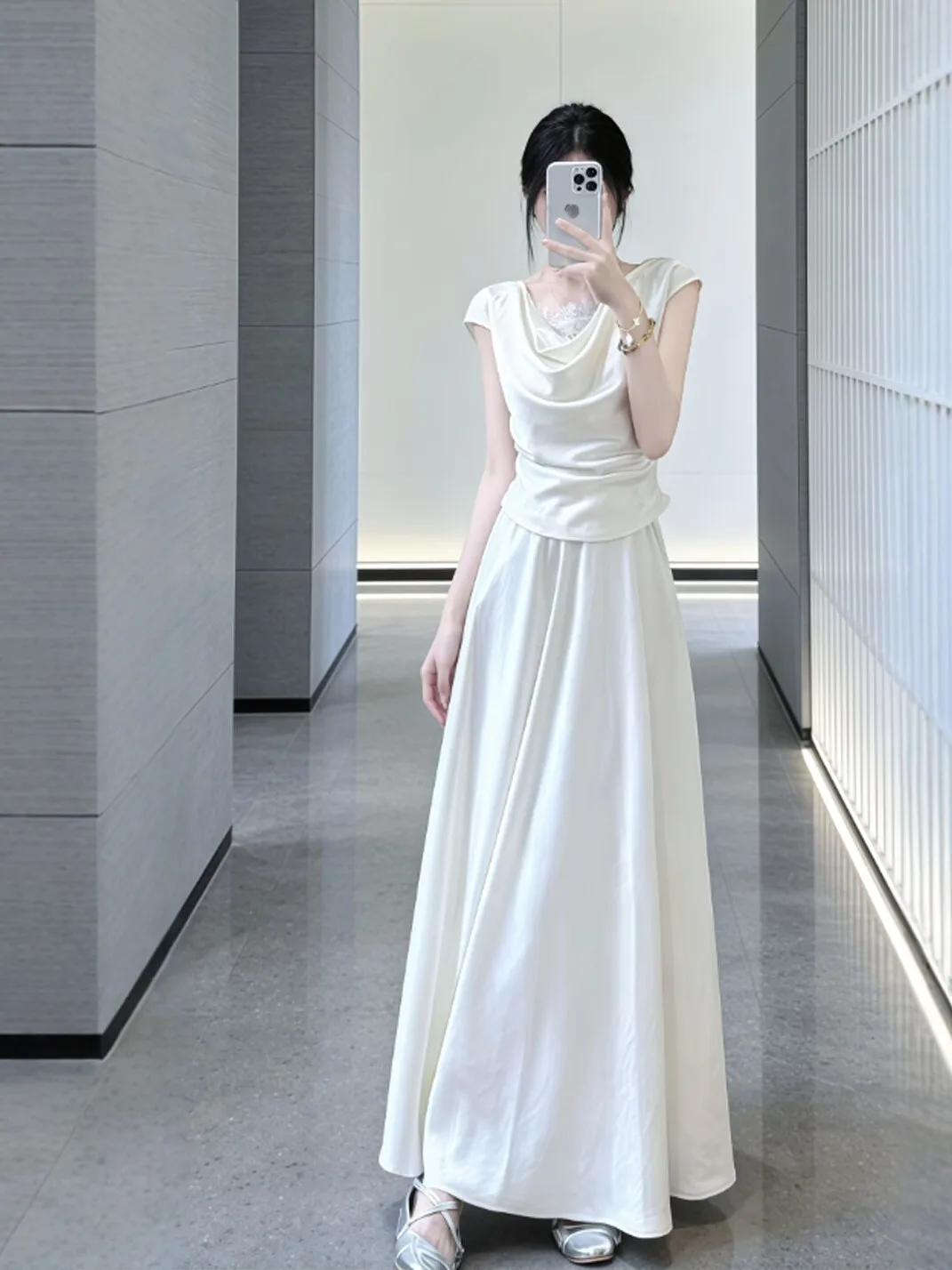 

Korean Style Three-Piece Set Elegant Top Strap Half Skirt Comfortable Short Sleeve round Neck Cotton Blend Summer Fashion