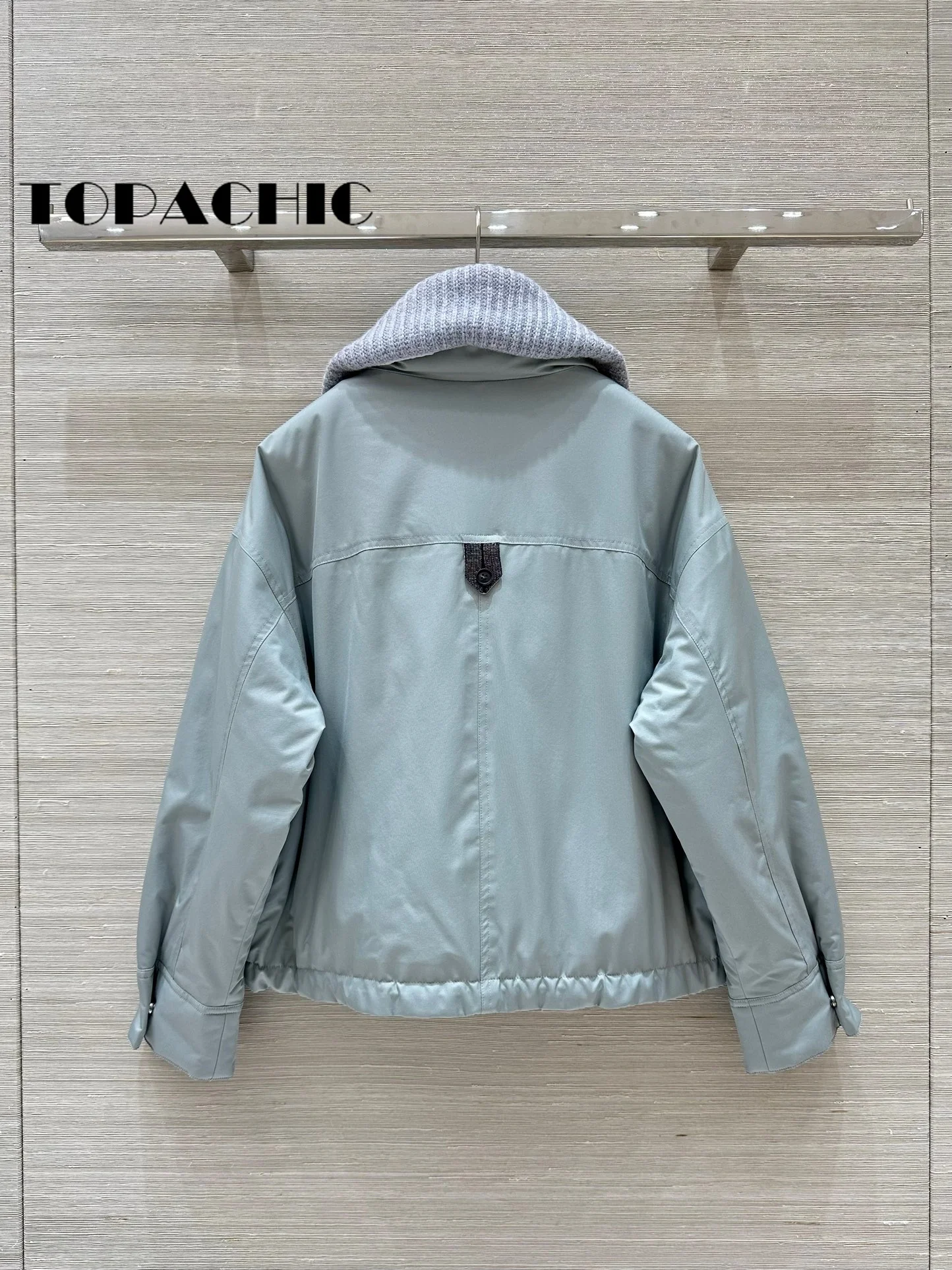 8.26 TOPACHIC-Women Back Bead Chain Long Sleeve Goose Down Coat Knit Lapel Detachable Design Big Pocket Loose Outerwear