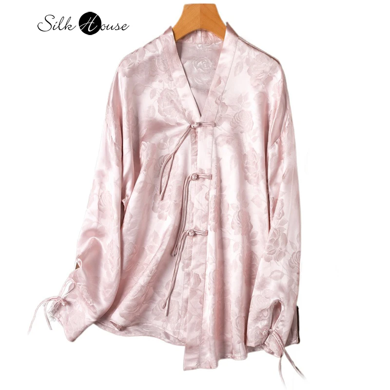 32MM Heavyweight 100% Natural Mulberry Silk Jacquard Satin Pink V-neck Off Shoulder Sleeves Irregular Hem Women's Fashion Shirt