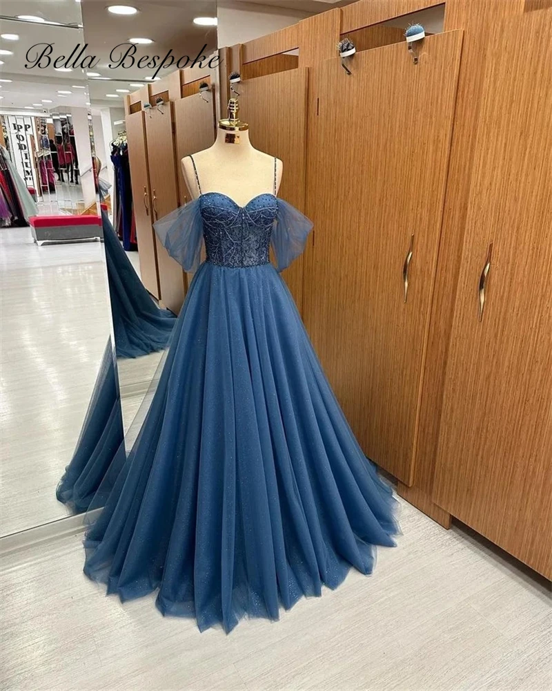 

Navy Blue Customized 2025 Evening Dresses Arabic Prom Gowns Beaded Wedding Guest Dresses Off Shoulder Sleeves Robe De Ba