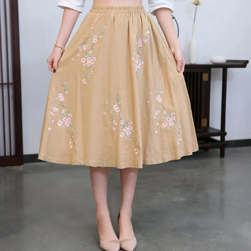 

Fashion Ethnic Style Summer Cotton Hemp Women's Elastic Waist Embroidered Temperament High Waist Loose Mid-length A-line Skirts