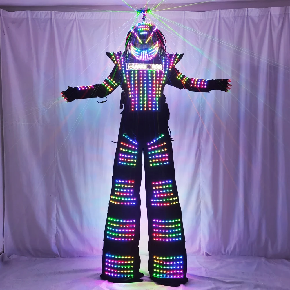 LED Robot Costume Clothes Laser Shoulder Vest White Silver Leather Stilt Walking Luminous Suit Jacket Laser Glove Helmet