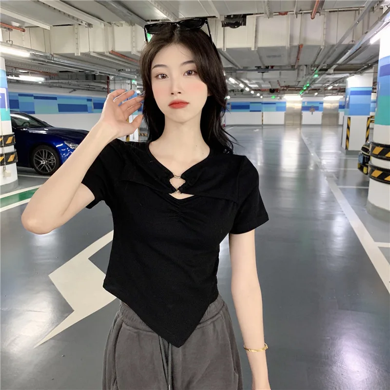 Women's High Street Harajuku Short Sleeve T-shirt Summer Hollow out Slim Fit Korean Style Cropped Top above Navel All-match
