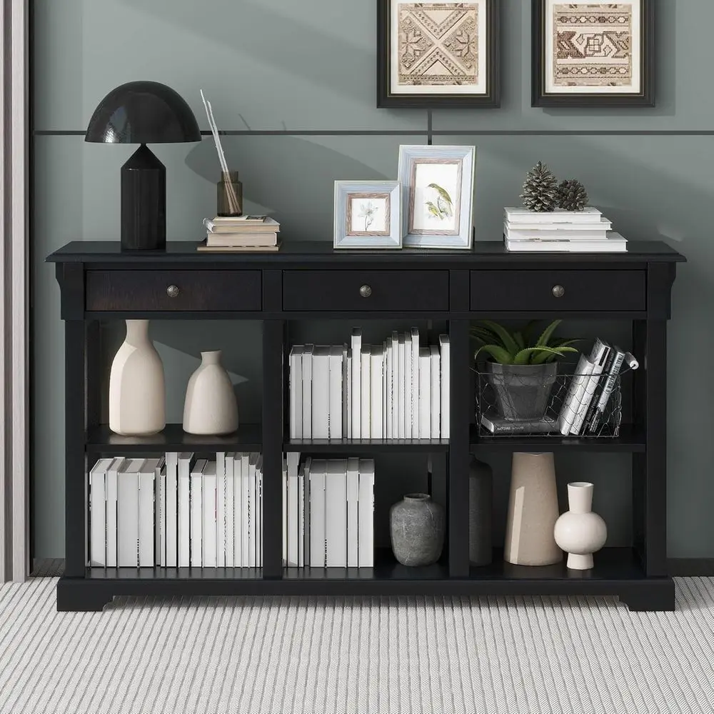 

Vintage Style Solid Wood Sideboard, 3 Drawers & 2-Tier Open Shelves, Ideal for Living Room, Entryway, Kitchen (Black)