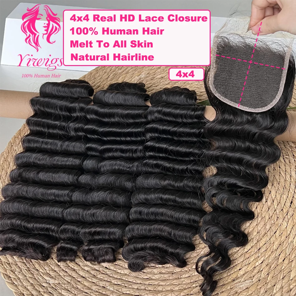 

Yiwigs 12A Grade Double Drawn Deep Wave 100% Human Hair Bundles With 4x4 Real HD Lace Closure Hair Weave Extensions Thick