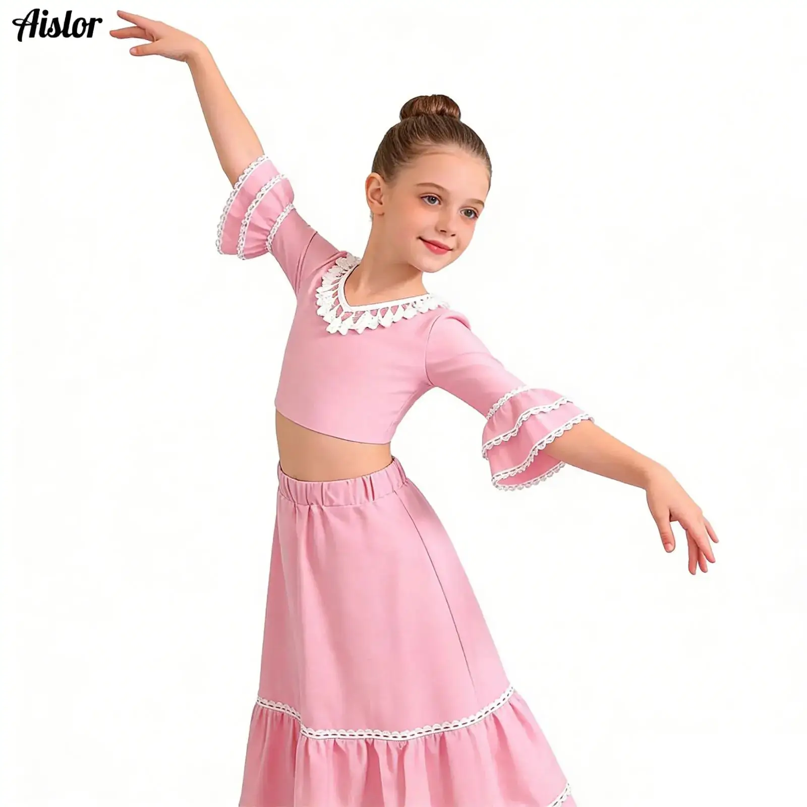 

Girls Classical Dance Dress Modern Dance Crop with Skirt Set Kids Big Swing Skirts Spanish Flamenco Stage Performance Costume