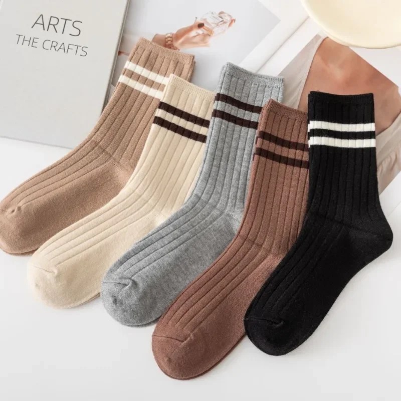 

5 pairs of autumn winter new cashmere mid tube socks with striped design thickene warm sweat absorbing odor proof casual socks