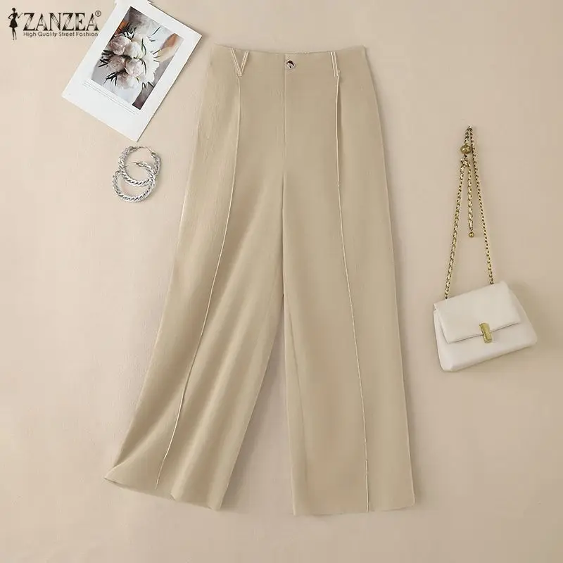 Elegant Women's Wide Leg Pants Elastic Back Waist Contrast-Stitch Loose Trousers ZANZEA Fashion Commuting Pantalones Femme