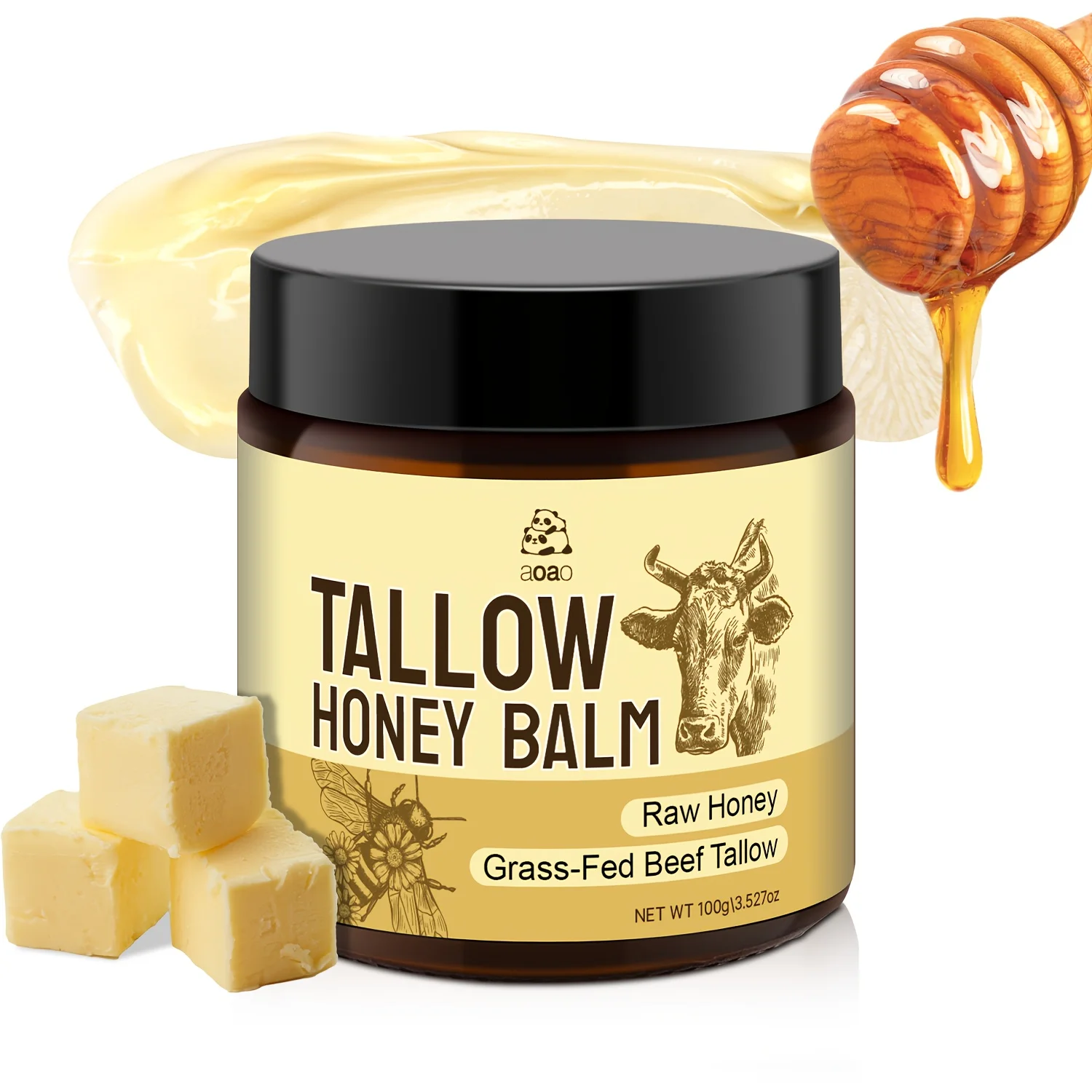 Grass Fed Tallow Balm with Honey and Olive Oil, Natural Moisturizing Beef Tallow Cream, Deep Nourish for Face & Body Skin 100g
