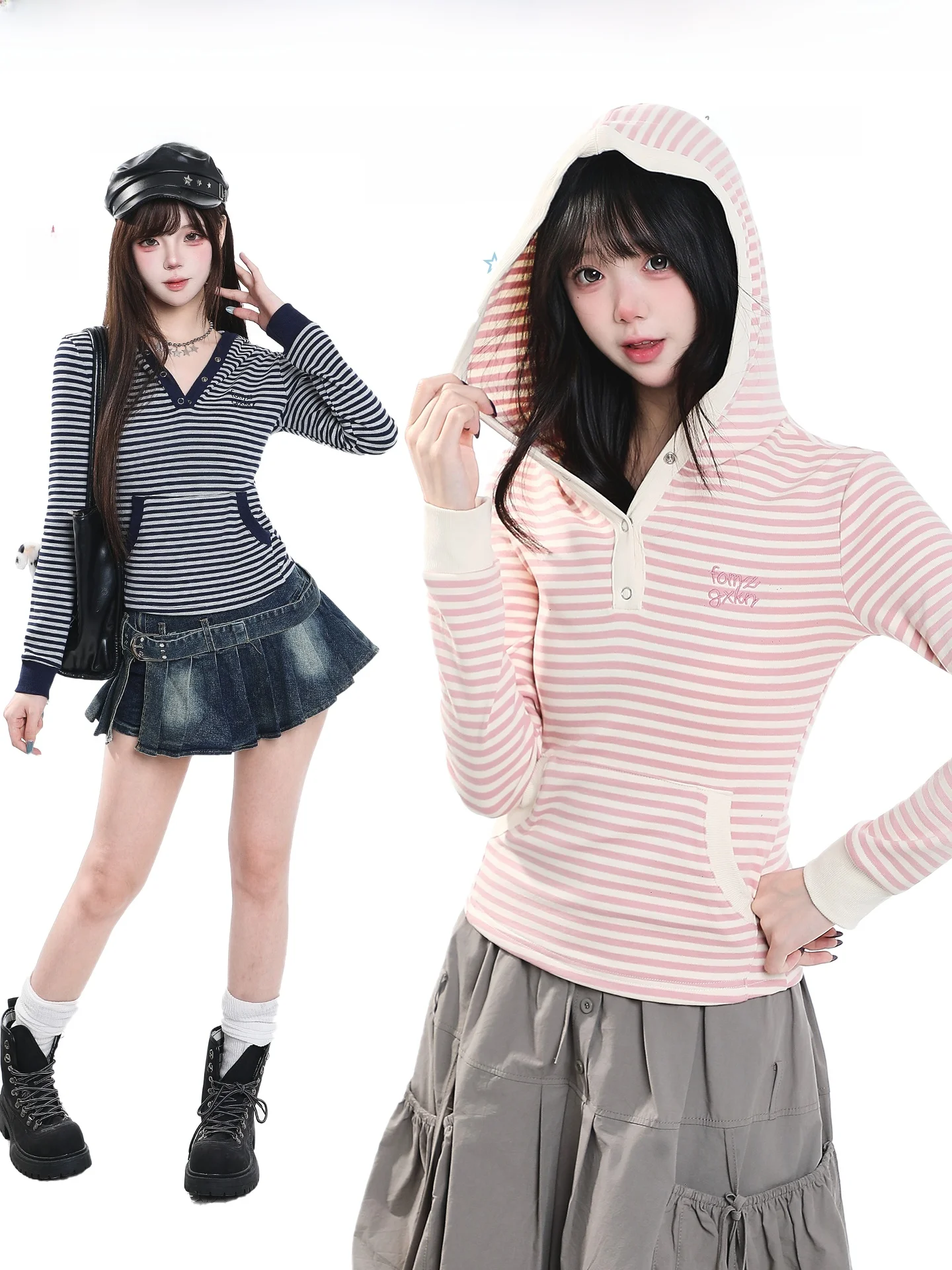 Sweet Spicy Striped Hooded Long Sleeve T-Shirt Women's Slim Fit Unique Beautiful Waist-Cinching High-End Short Top