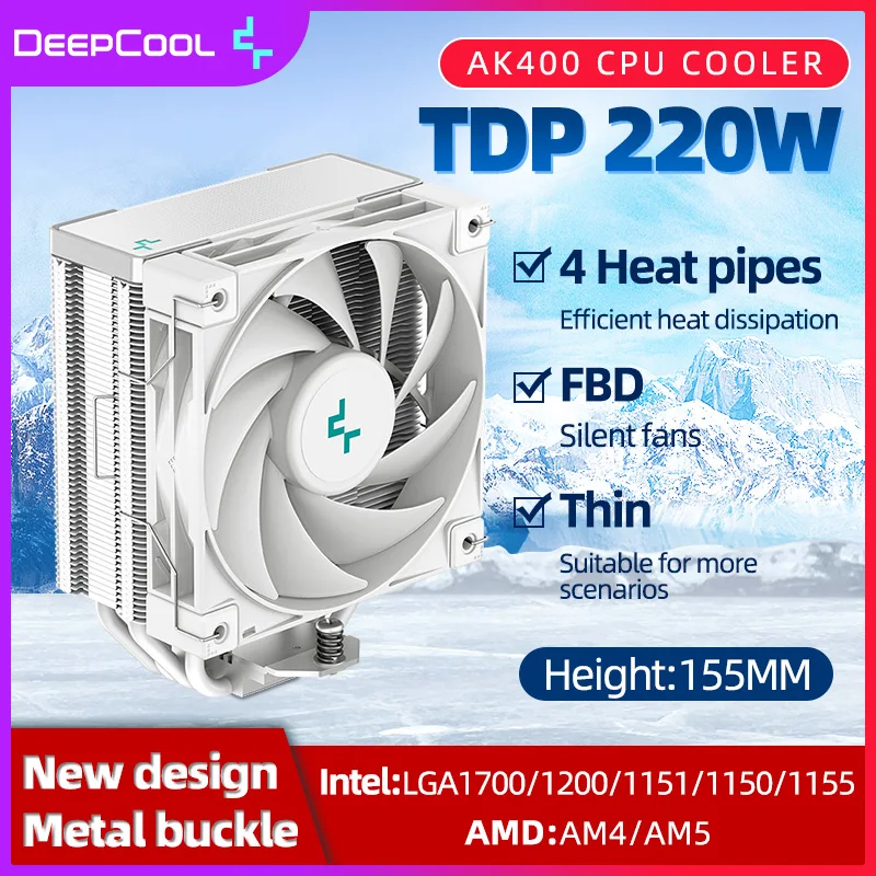 

Кулер для процессора Deepcool AK400, 4 тепловые трубки, тонкий радиатор охлаждения, тихий вентилятор FDB для настольного компьютера, процессора LGA1700 1200 115X AM4