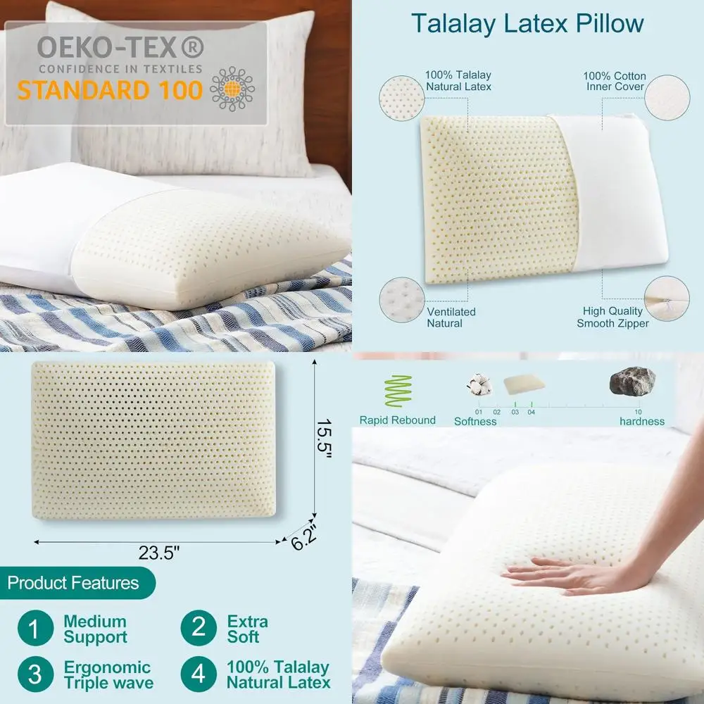 

Средняя мягкая подушка Talalay для комфортного сна, стандартного размера, подходит для спины, боковой и живота, снимает шею и