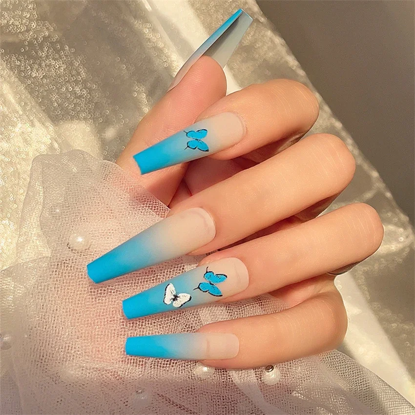 24Pcs/Set Five Colours Wave Acrylic Wearing False Nails Small Flower Rhinestone Adhesive Fake Nail Tips French Press on Nail