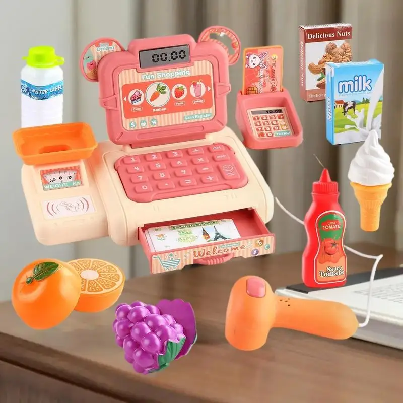 Virtual Shopping Cashier Toys Set for Kids, Cash Register Role Play Kit with Light & Sound