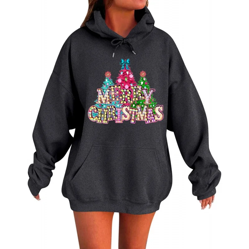 

Women's 2025 New Year Christmas pullover with fashionable pattern hooded casual long sleeved top