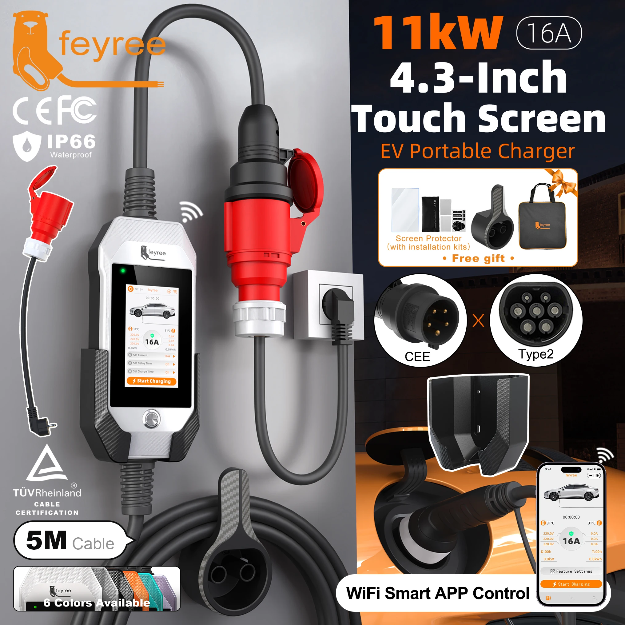 Przenośna ładowarka do pojazdów elektrycznych Feyree 11kW 16A 3P Szybkie ładowanie Gniazdo Typu 2 Ekran dotykowy 4,3 cala Inteligentne sterowanie przez aplikację WIFI Ładowarka AC