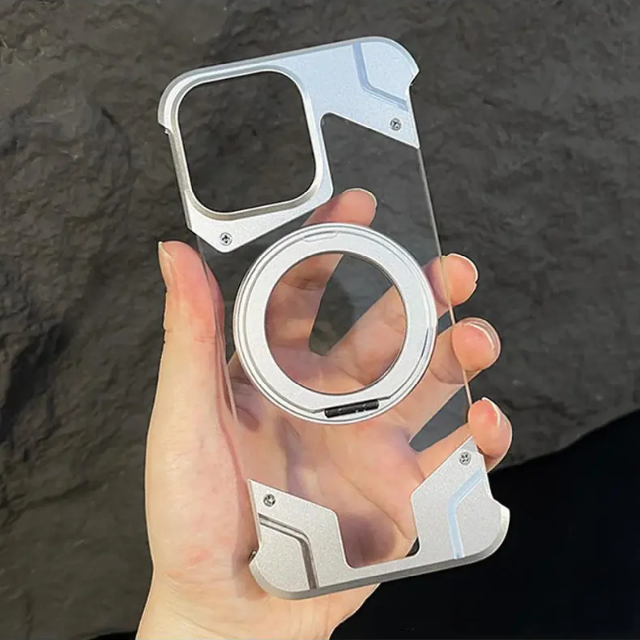 Magnetic Aluminum Alloy Rimless Phone Case For iPhone 14 13 15 Pro Max With Mag Ring Stand Transparent Acrylic Shockproof Cover