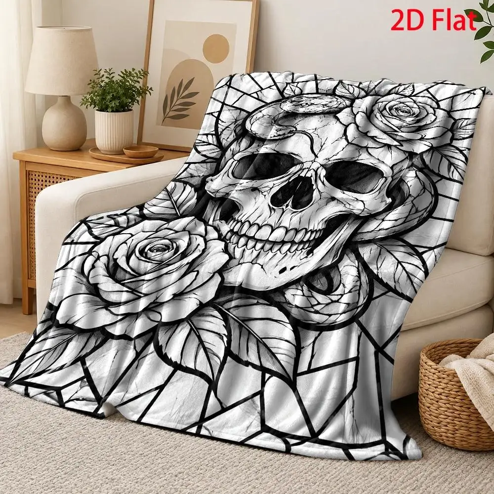 1pc 2D Flat DIY Coloring Throw Blanket, Gothic Skull & Snake Line Art, Rose Stained Glass Illustration Blanket