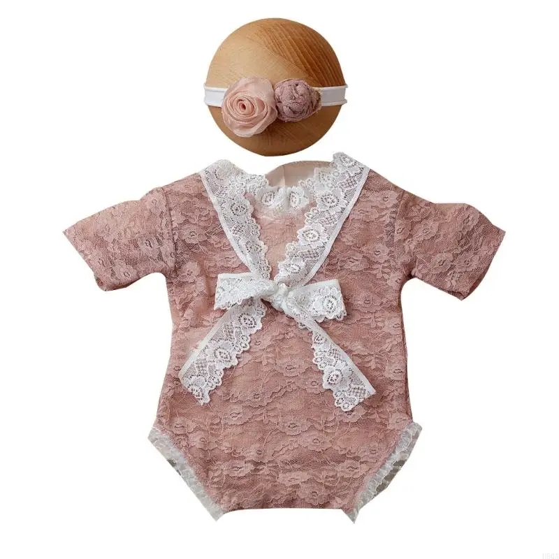 

D5QA Lace Romper Newborn Photography Props Girl Outfits Baby Photoshoot Photo 3pcs