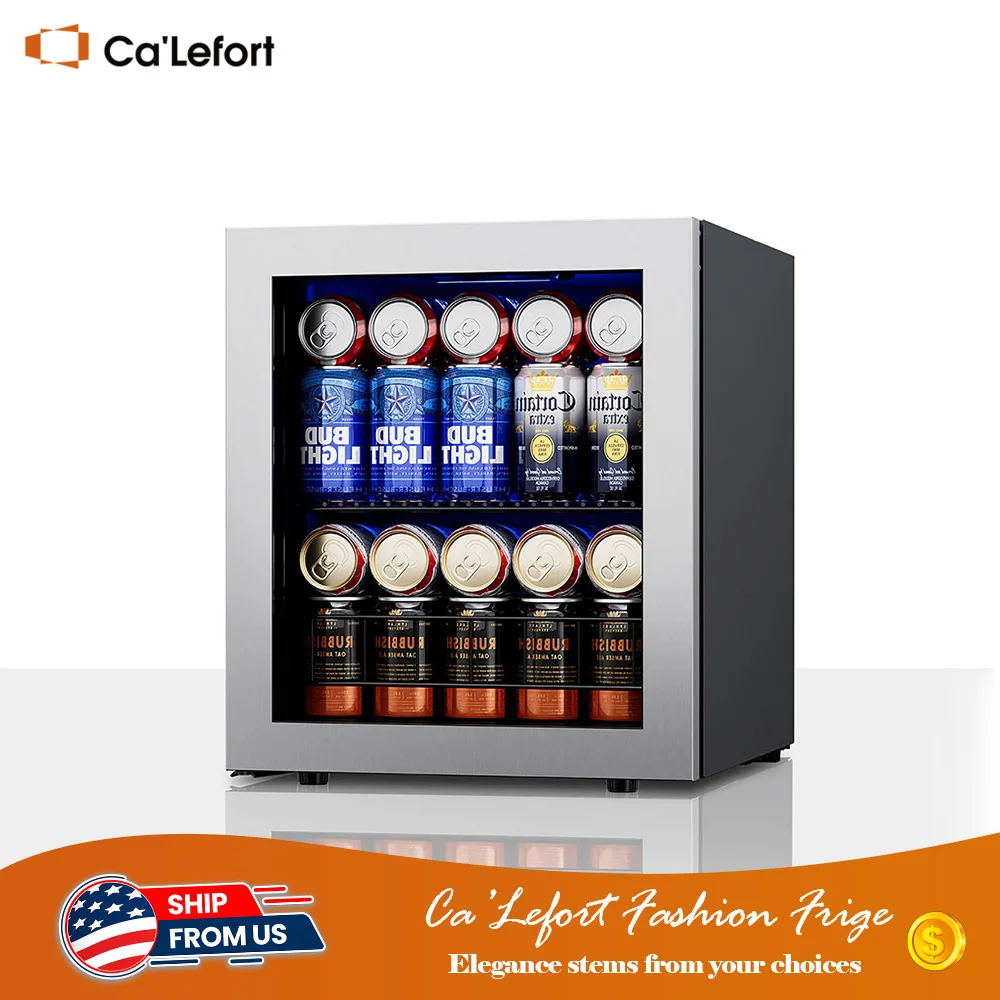 Ca'lefort  65 Can Beverage Fridge - Compact Mini Refrigerator with Glass Door, Perfect Beverage Cooler for Bedroom or Kitchen